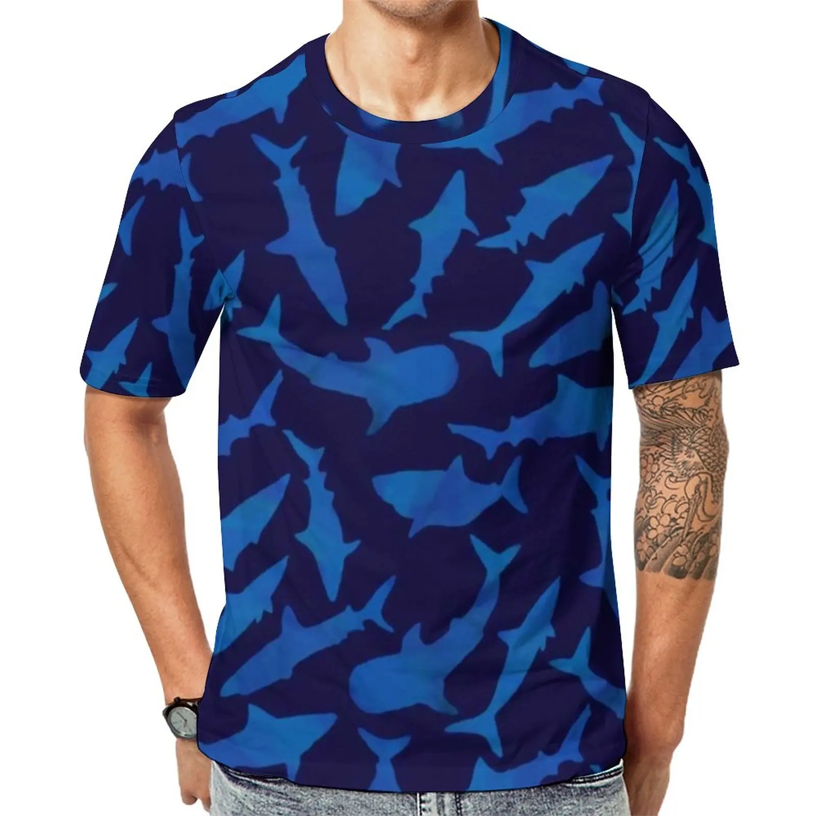 

Blue Shark Art Print T Shirt Seamless Sharks Mens Trending T-Shirts Summer Tee Shirt Short Sleeve Awesome Plus Size Clothing