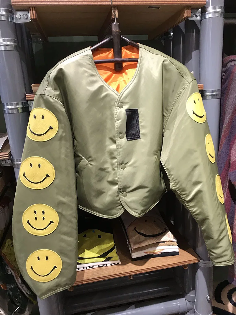 KAPITAL Smiley Jacket Men Women MA-1 Army Green Leather Smiley Logo High Street Kapital Jacket Coat