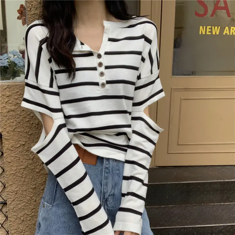 

Deeptown Korean Fashion Chic Hollow Out Striped Tees Women Casual Buttons Solid Long Sleeve Cotton T-shirts Basic Loose Fit Tops