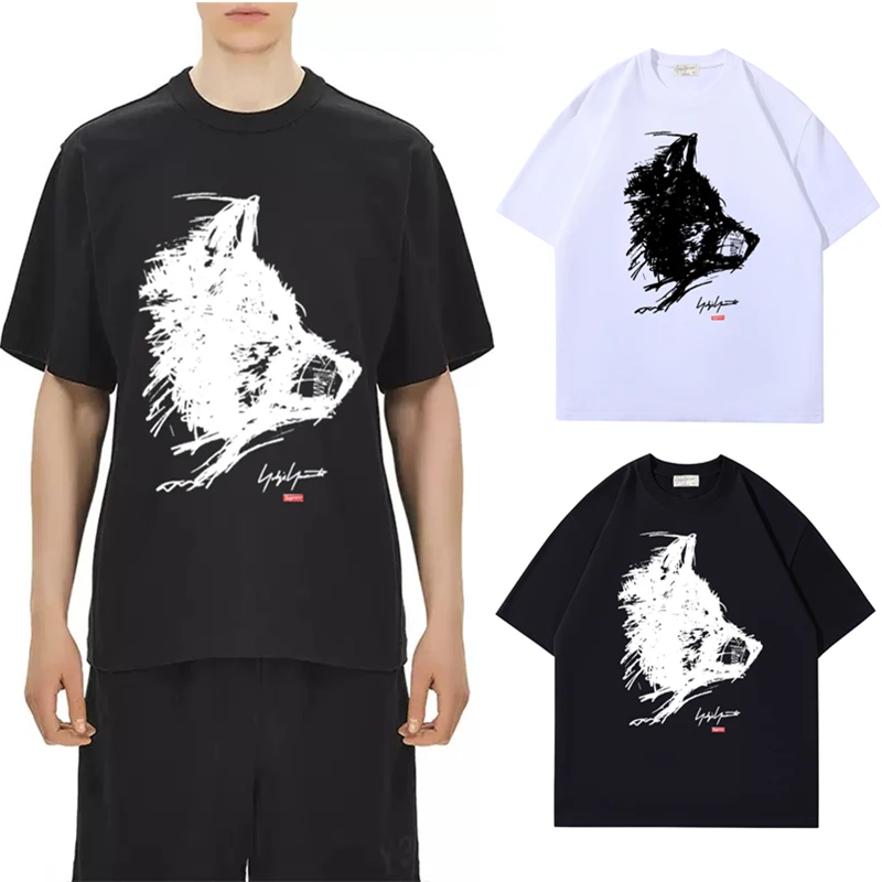 

Yohji Yamamoto Co-фирменная японская модная скетч печать головы волка Мужская и Женская Повседневная футболка с круглым вырезом и коротким рукавом