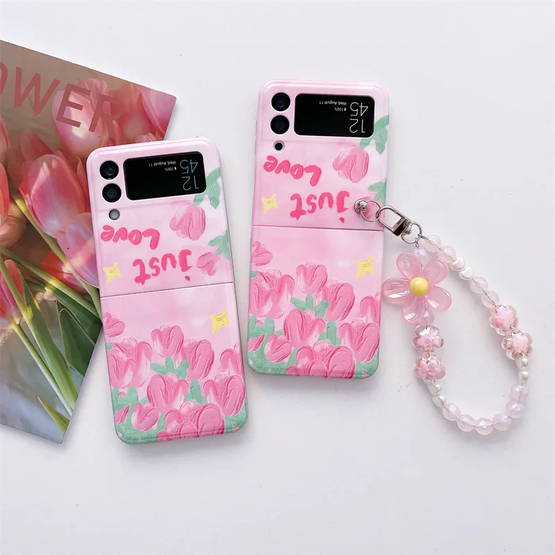 

Ins Style Pink Tulip Phone Case with Lanyard for Samsung Galaxy Z Flip 4 3 Hard Cover for ZFlip3 Zflip4 Solid Shell Bracket