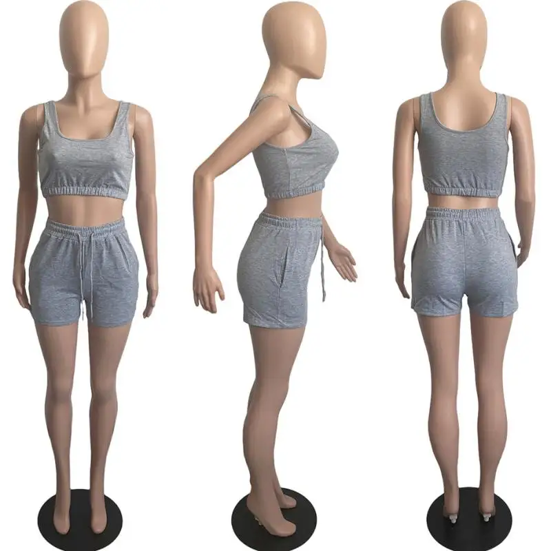 Summer Custom Logo/Text Brand Women's Shorts Set Cropped Top Sports Vest+Pocket Drawstring Shorts Two-piece Tracksuit Outfits