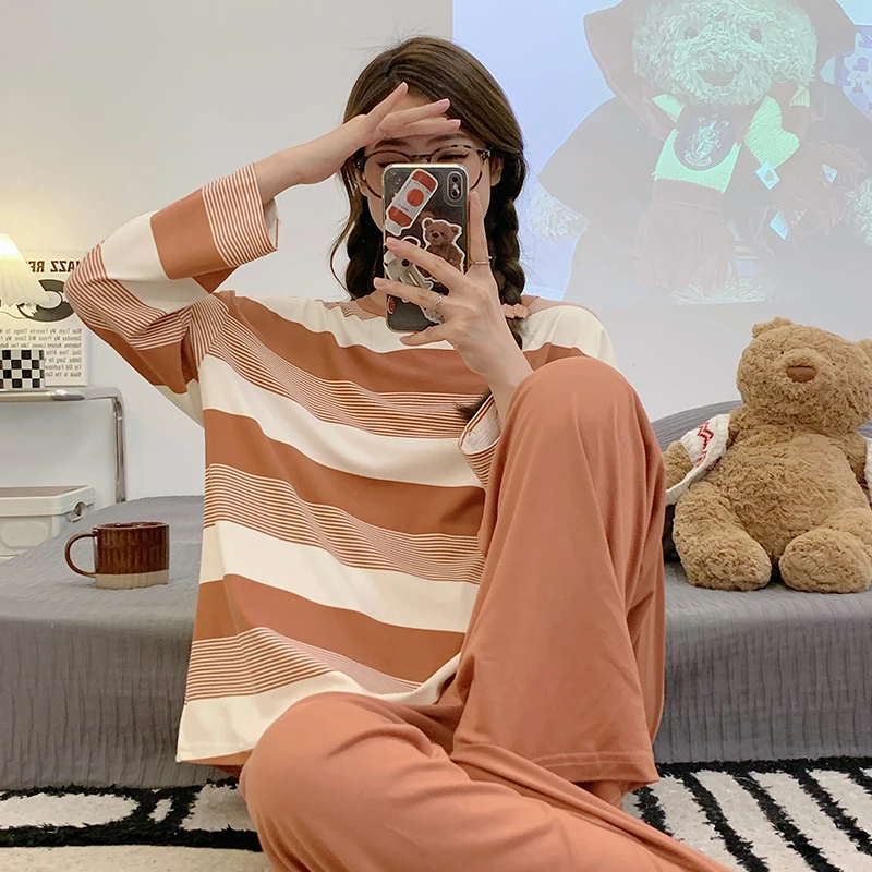CAIYIER 2023 Soft Sleepwear Sweet Stripe Pajamas Set Long Sleeve Long Pants Kawaii Nightwear Winter Leisure Girl Pijamas mujur