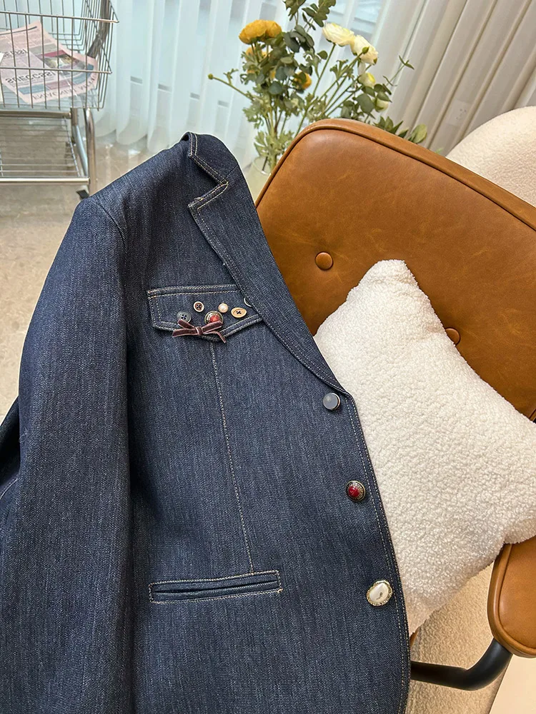 2023 Spring Autumn New Vintage Denim Blazer Coat Women Clothing Heavy Industry Button Handsome Blazer Jackets Ladies Tops AC761