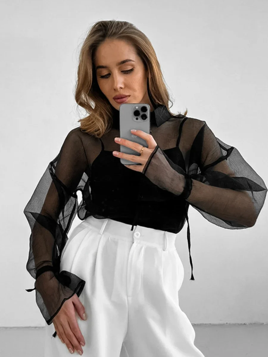 Bornladies однотонная сетчатая сексуальная рубашка с лацканами стильная женская