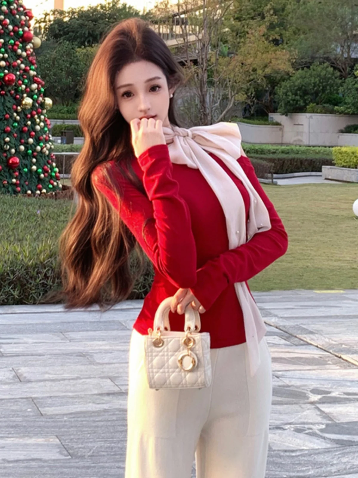 Pure Desire Sle Красная Рождественская Новая Годовая Атмосфера Бант Рубашка на