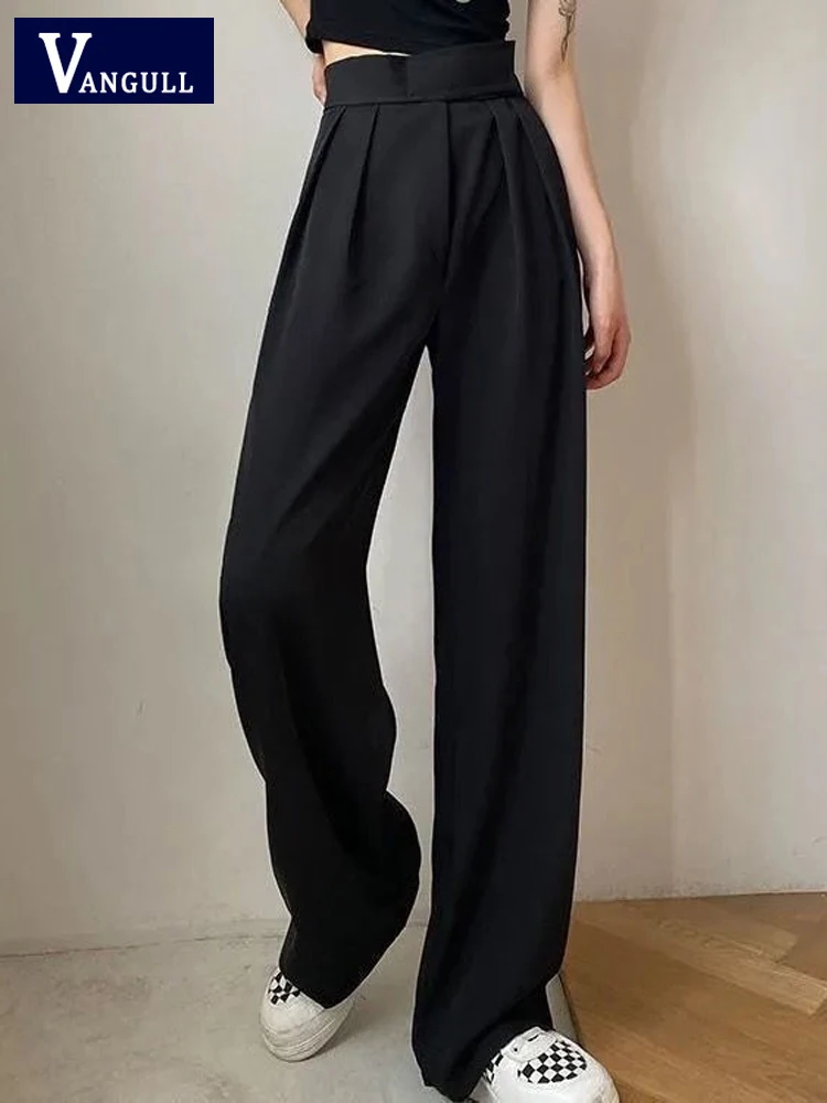 

Vangull Office Lady Black Wide Leg Pants Women High Waist Velcro Loose Trousers Female Summer Korean Length Oversized Suit Pants
