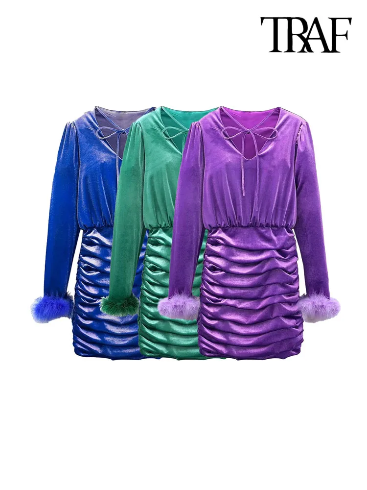 

TRAF Women Fashion With Feathers Pleated Velvet Mini Dress Vintage Tied V Neck Long Sleeve Female Dresses Vestidos Mujer