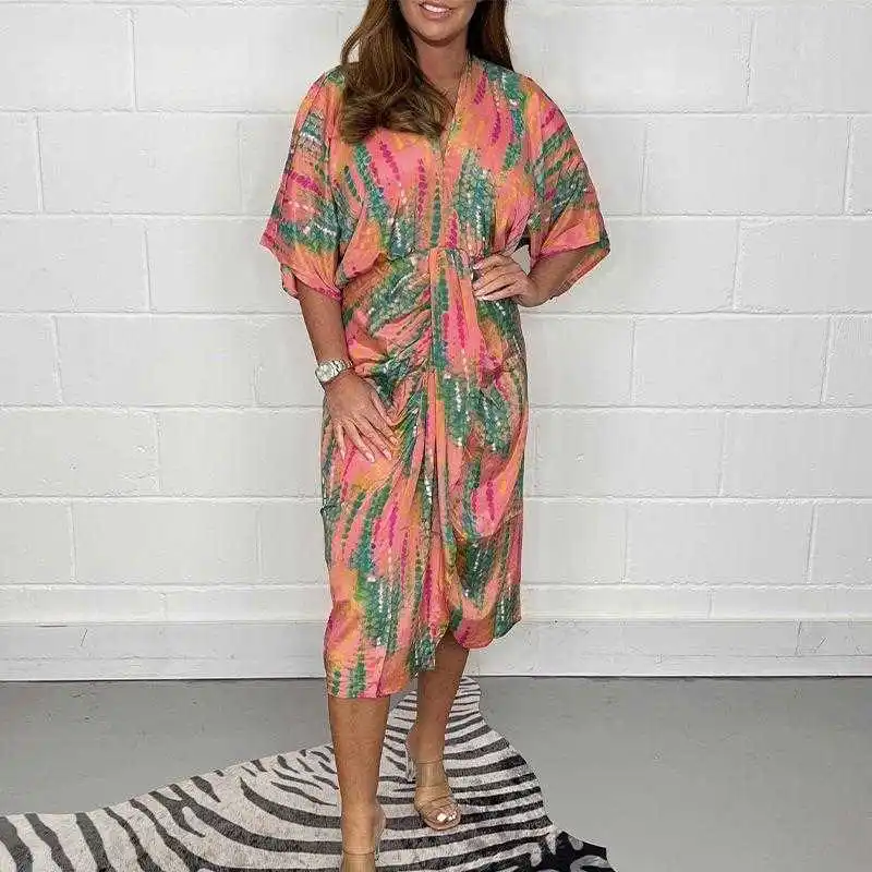 

Summer Womens Large Swing Skirt Dress Loose High Waist Print V Neck Shirt