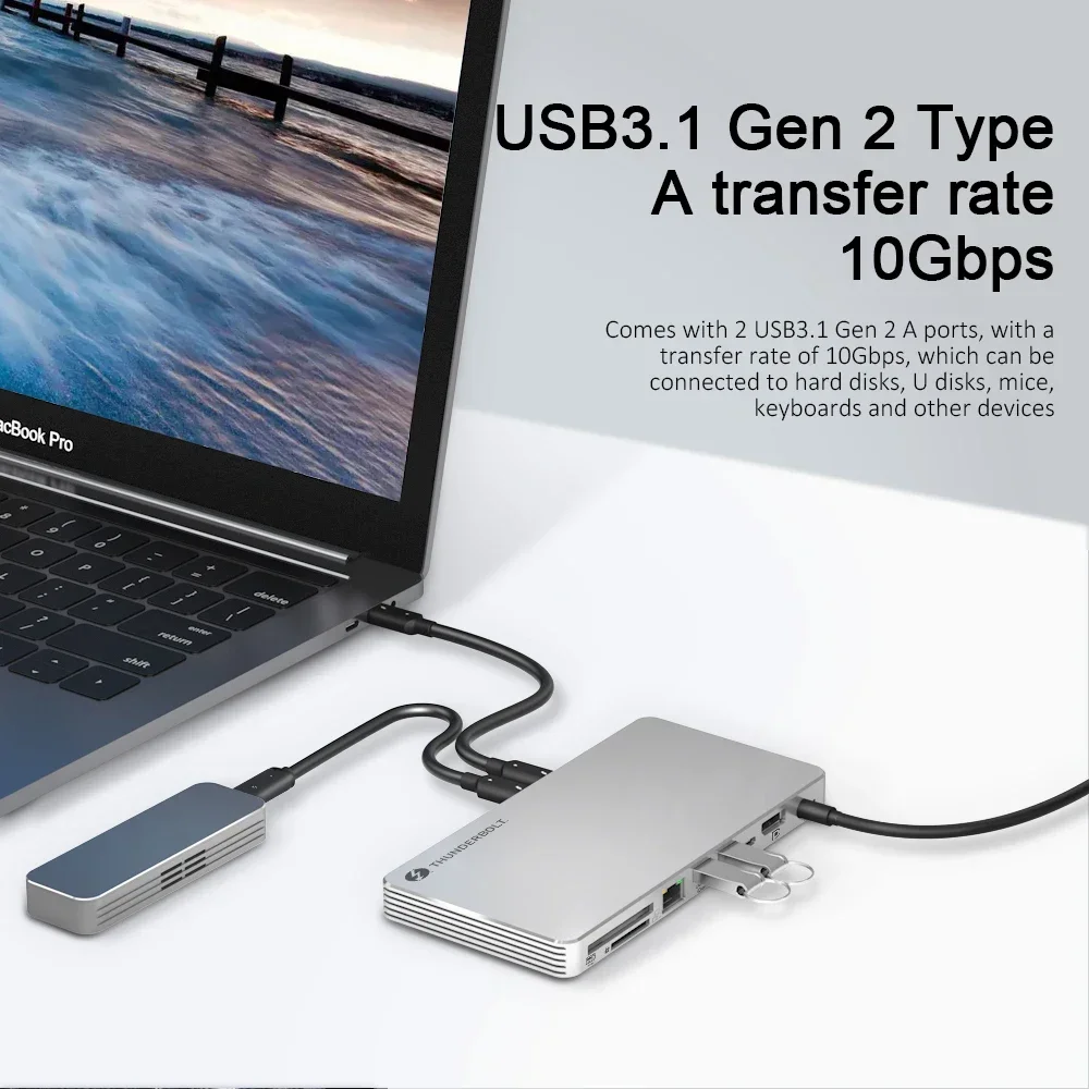 10 в 1 зарядный концентратор для ноутбука Thunderbolt 3 с 8K DP 40 Гбит/с 1000M Ethernet USB3.2 SD TF слот