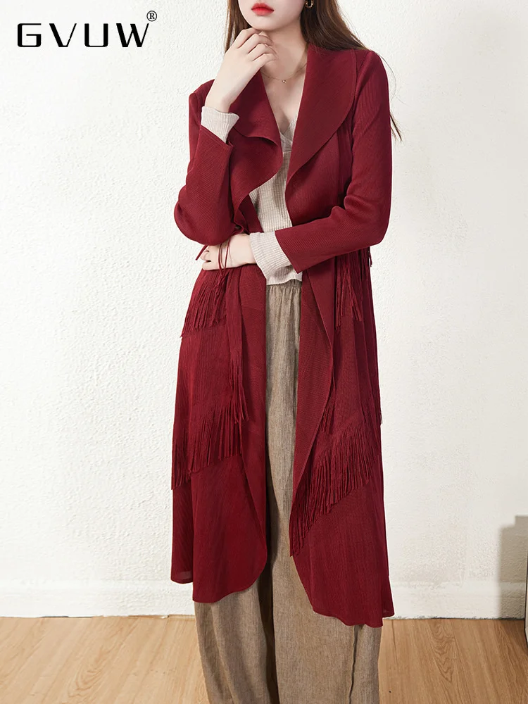 

GVUW Tassel Pleated Trench Coat Women Chic Open Stitch Long Sleeve Lapel Solid Color Elegant Windbreaker 2023 Autumn 17D3026