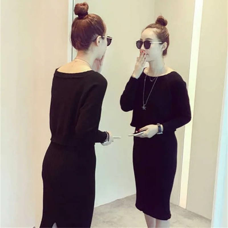 Корейский женский комплект из двух предметов Vestidos джемпер вязаное платье