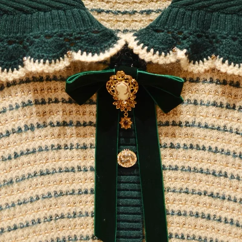 Винтажный элегантный полосатый свитер с галстуком-бабочкой пуловер женский