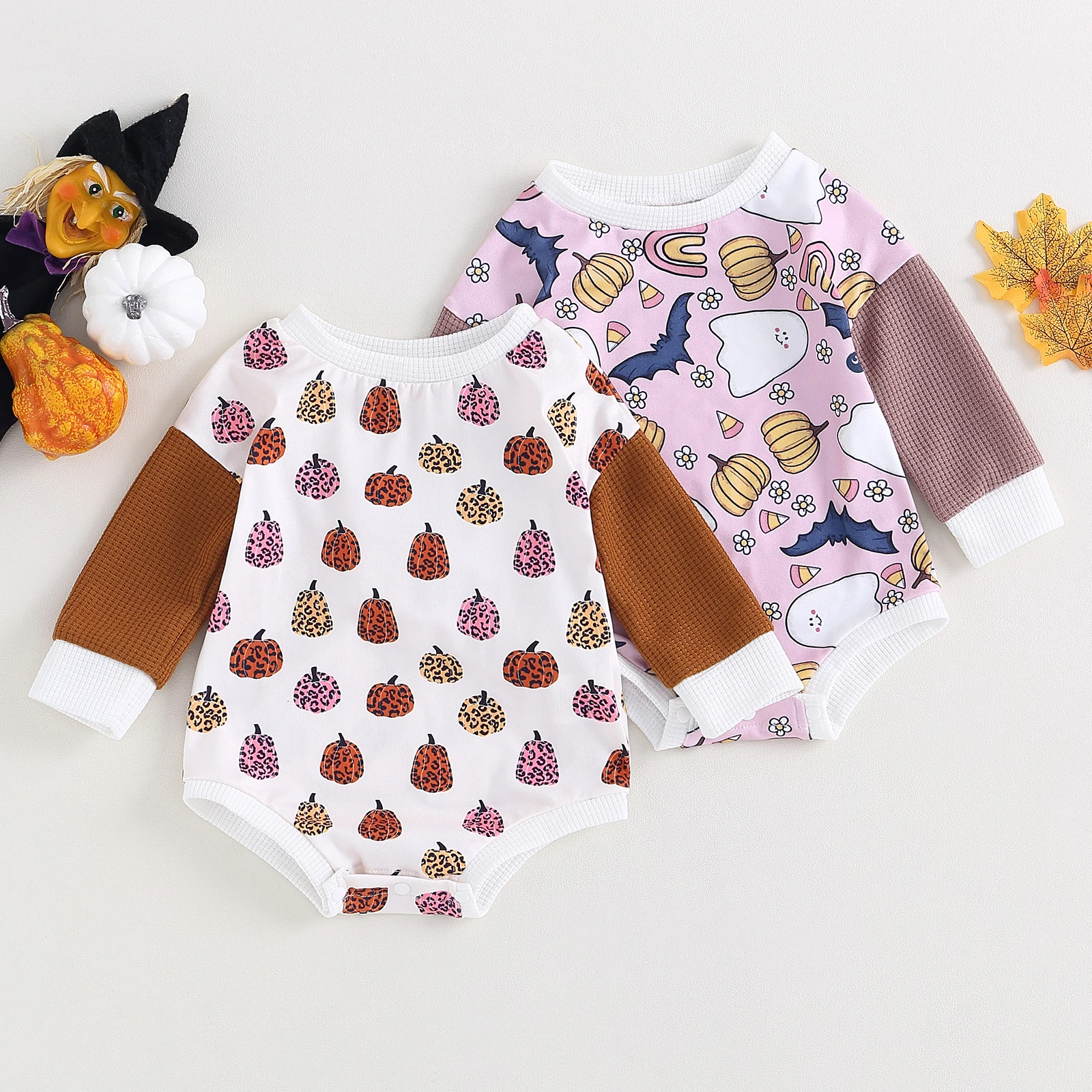 

Baby Girls Boys Sweatshirts Rompers Halloween Clothes Pumpkin Ghost Print Waffle Patchwork Long Sleeve Jumpsuits Fall Bodysuits