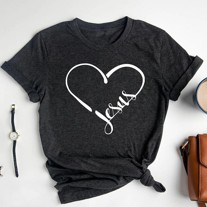 

2023 New Hot Sale Women Shirt Contracted Heart Jesus Girl Shirts Personality Matching Ladies T-shirt Elegant Workout Ladies Tee