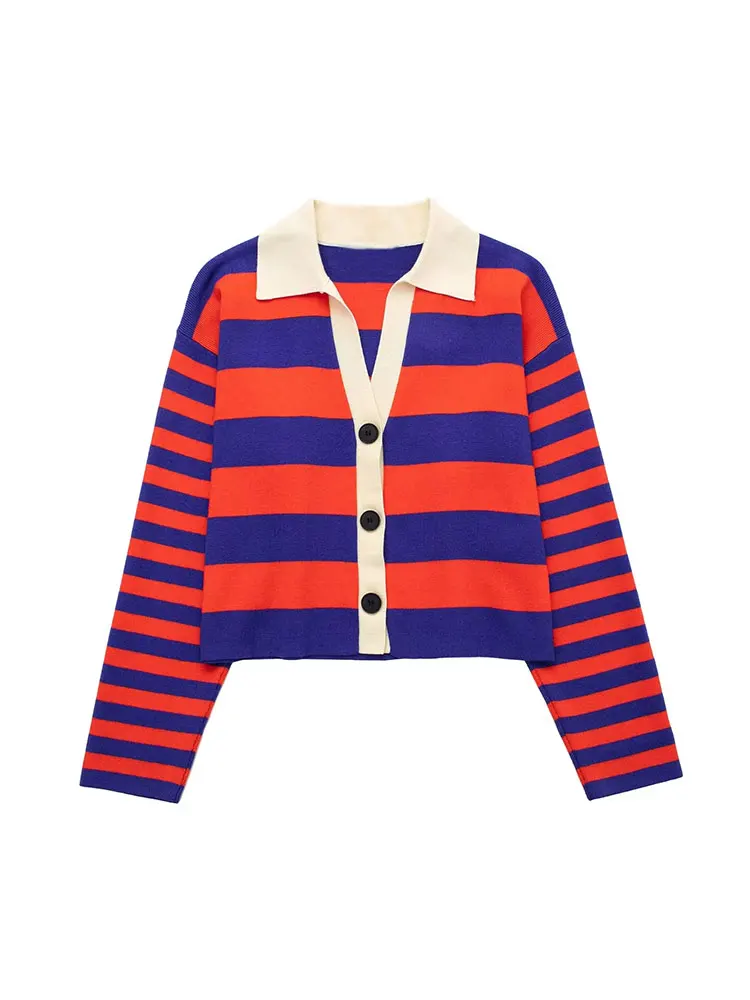 

Nlzgmsj Women Fashion Single Breasted Striped Short Knitting Sweater Femme Chic Long Sleeve Slim Cardigan Coat Tops