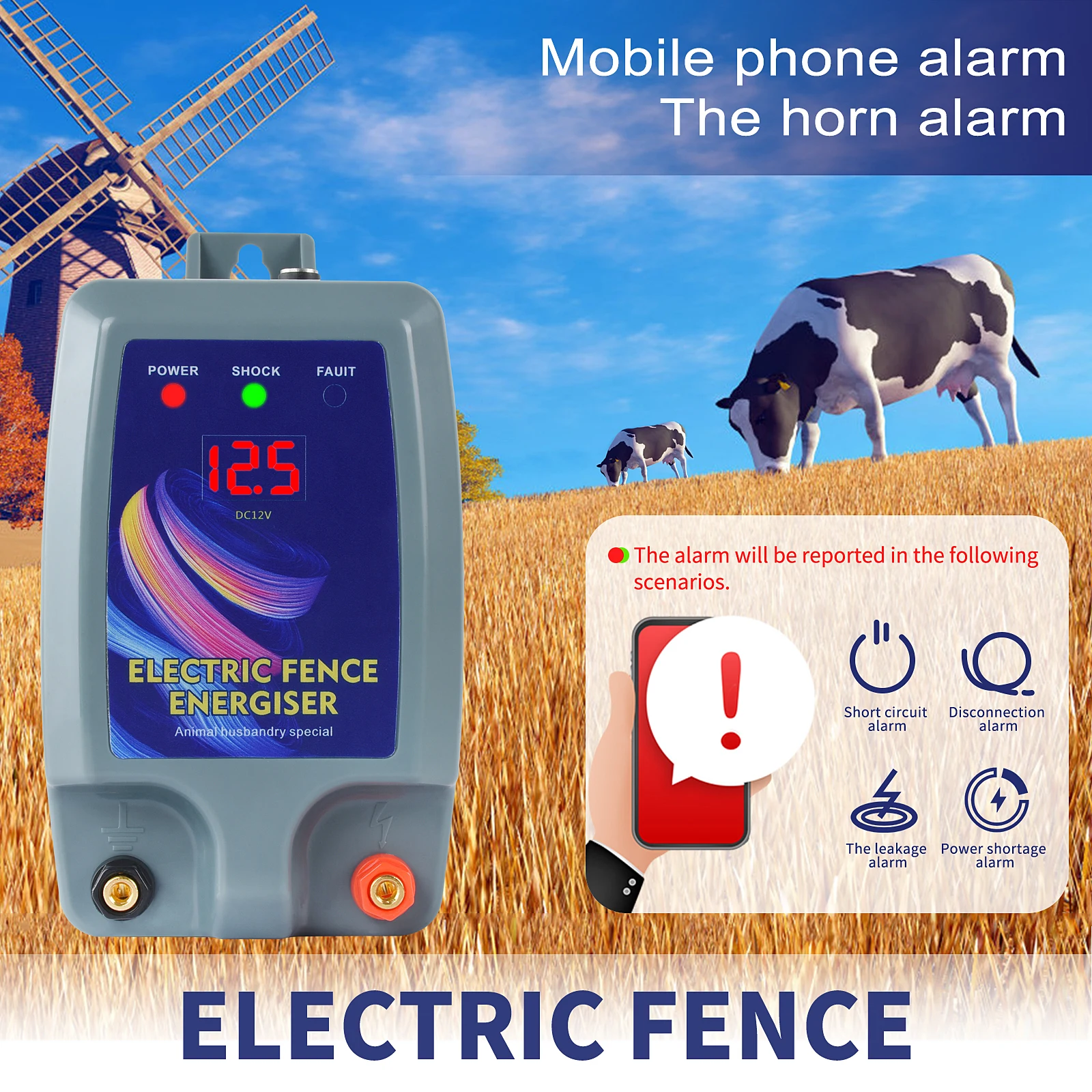 10KM Electric Fence for Animals 12V Pulse Electric Fence Energizer Alert Digital display panel Safety Waterproof Farm Poultry