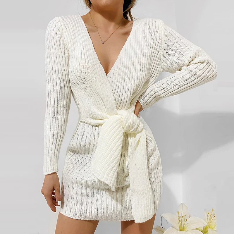

Sexy Deep V Neck Lace-up Slim Knit Sweater Autumn Solid Color Long Sleeve Tops Dress Elegant Casual Simple Mini Sweater Dress