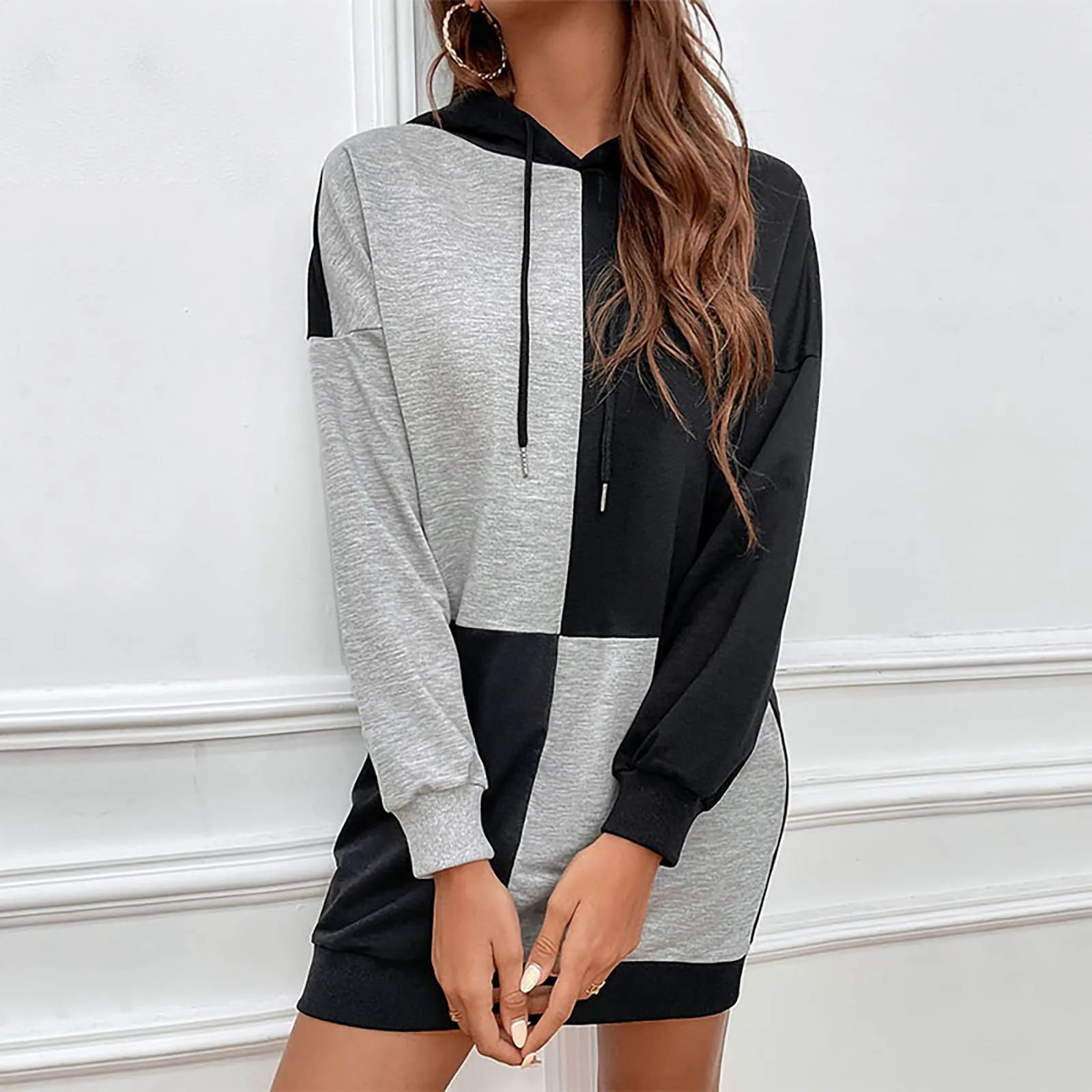 

Women's Fashion Color Blocking Pullover Sweatshirt Dress Autumn Loose Patchwork Long Sleeve Drawstring Hooded Sweatshirt Dress