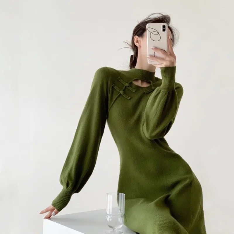 

Improved Long Sleeve Autumn Wintetr Cheongsam Sexy Midi Dress Long Sleeve Vintage 2022 Women Clothing Knitted Sweater Dress