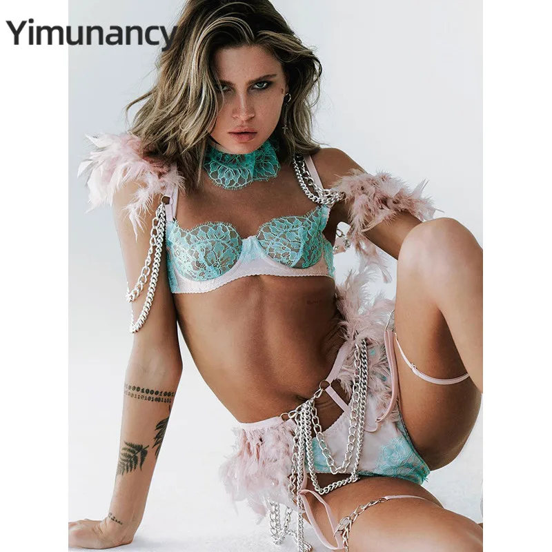 

Yimunancy 4-Piece Contrast Color Lace Lingerie Set Women Luxury Exotic Set Feather Off Shoulder Chain Garter Kit