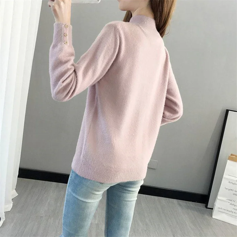 

High Half Collar Mink Fleece Sweater Women Korean 5 Color Jumper Ladies Autumn Winter Thick Long Sleeve Short Pullover Female