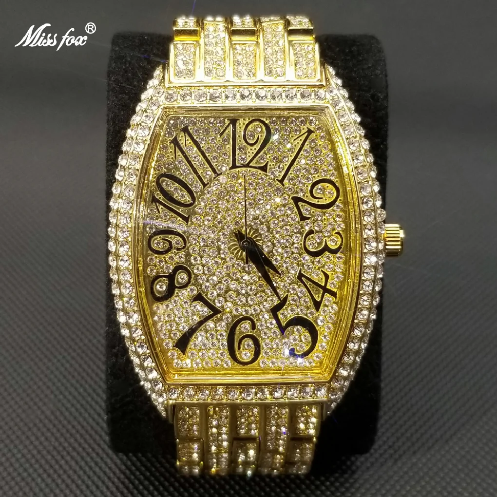 

MISSFOX Ice Out Relogio Masculino Arabic Numbers Fully Diamond Quartz Gold Men Watch Luxury Tonneau Big Dial Waterproof Watches