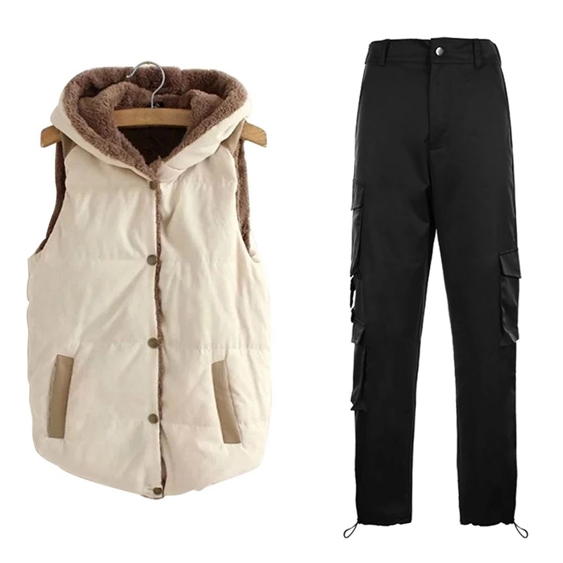 

Coral Fleece Hooded Women Vest Sleeveless Creamy-White XXL With High Waist Pocket Overalls Loose Cargo Pants,L Black