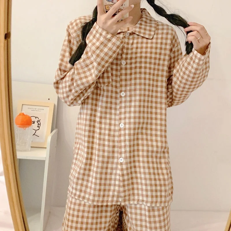 QWEEK Apricot Black striped plaid pajams pj sets for women spring autumn home clothes girls sleepwear pyjamas cute pijamas