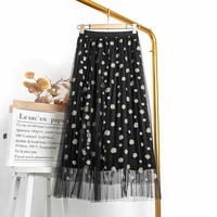 2021 summer mesh sweet floral fairy long skirt casual daisy print high waist a line elastic midi skirt temperament street wear