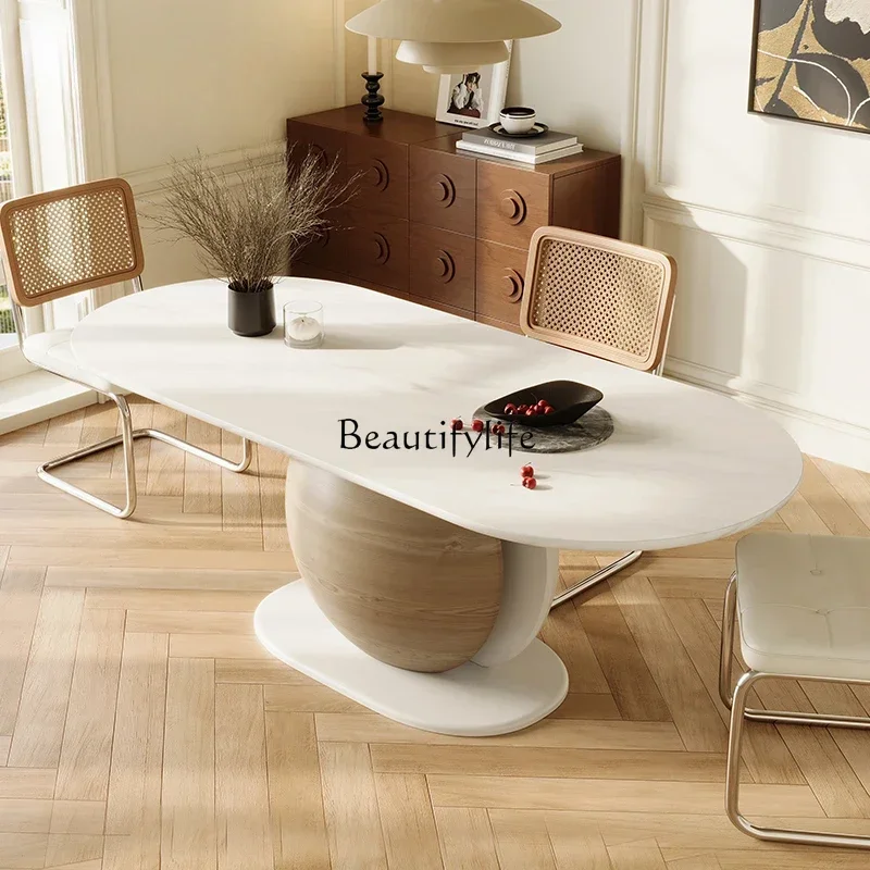 Обеденный стол и стулья из массива камня французский белый терраццо овальное