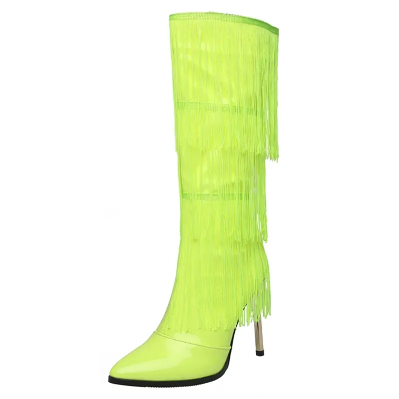 Pointed-Toe Patent Leather Tassel Knee Boots Sexy High Heel Side Zipper Stage Catwalk Botines Large Size Statement Boats