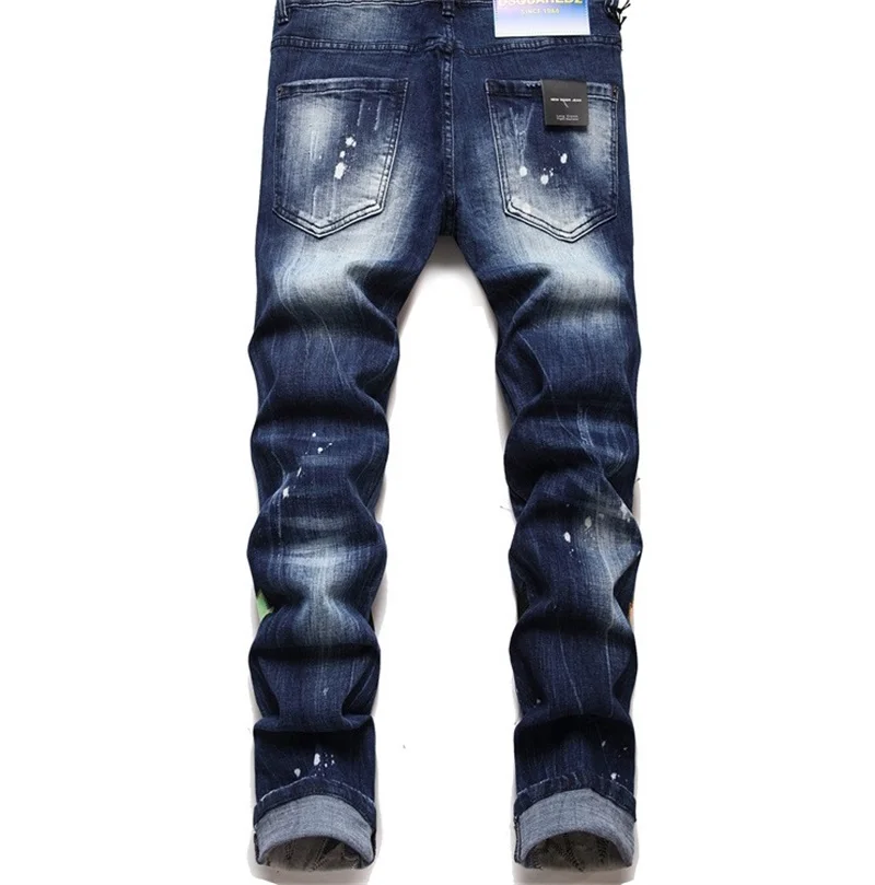 EH·MD® Leaf Embroidery Men's Jeans Speckled Soft Casual Loose Cotton Elastic Denim Pants Frayed Wrinkles Slim Fit Seasonal New 2