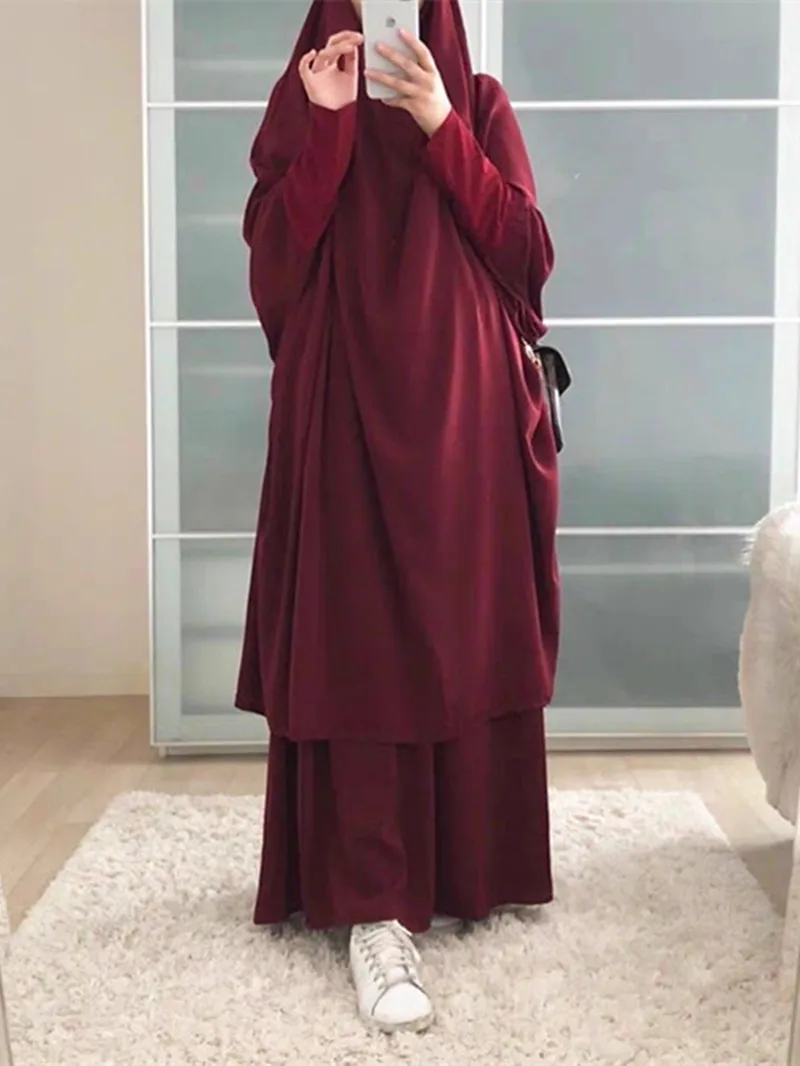Solid Color Hooded Muslim Women Hijab Dress Eid  Ramadan Islamic Jilbeb 2 Piece Set Islamic  Long Dresses Muslim Saudi Robe