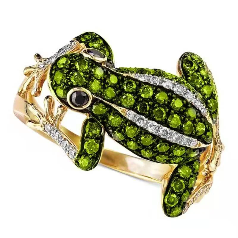 

Creative Ladies Women's Lovely Frog Inlaid Green White Crystal Rhinestone Zircon Metal Finger Ring for Party Jewelry Size 5-11