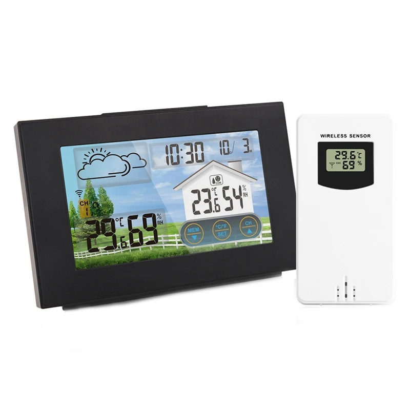 

Беспроводная метеостанция с сенсорным цветным экраном и будильником, комнатный и уличный прибор для прогноза погоды, термометр, гигрометр