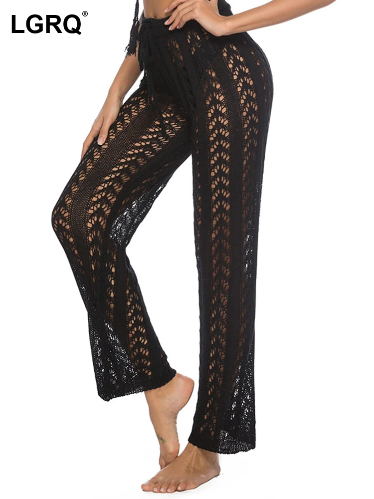 

LGRQ 2023 Summer New Fashion Sexy Women's Pants Solid Color Loose High Waist Hollow Out Straight Black Trousers Female 19J763