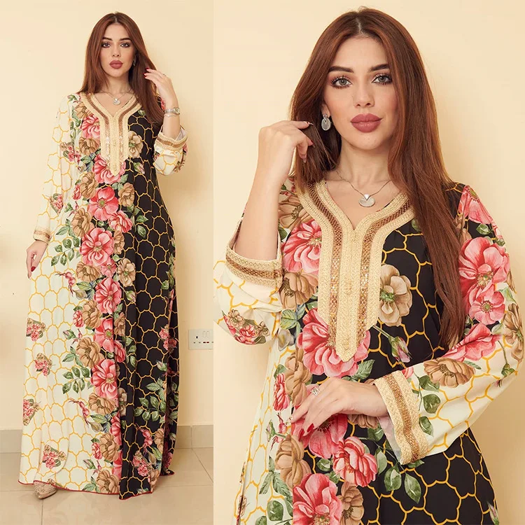 Abaya Dress Large Swing Ethnic Style Lace Hot Drill Long Sleeved Loose Abaya Positioning Print Muslim Kaftan Femme Musulman
