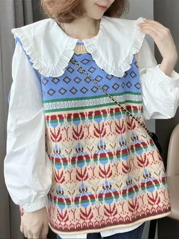 Женский Вязаный Свитер-жилет На Раннюю Осень С Цветочным Принтом Для Офиса Стиль