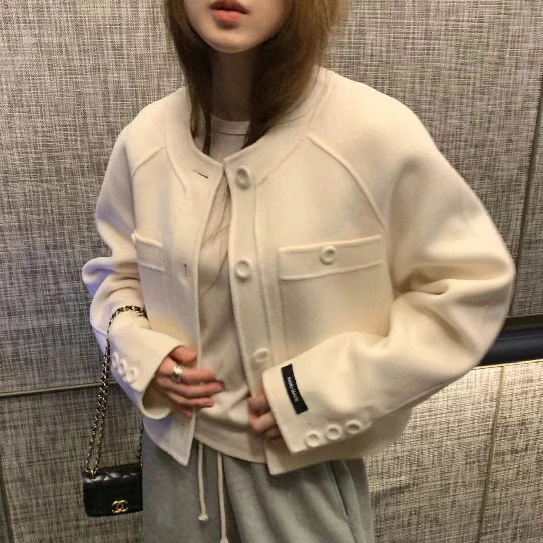 

Женское шерстяное пальто, простое однобортное свободное повседневное короткое пальто с круглым вырезом и длинным рукавом, в южнокорейском стиле, осень