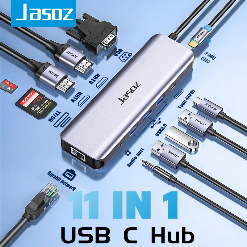 

USB-концентратор Jasoz Тип C к HDMI RJ45 USB 3,0 адаптер 11 в 1 USB C к USB док-станции для MacBook Pro Air Switch USB C сплиттер