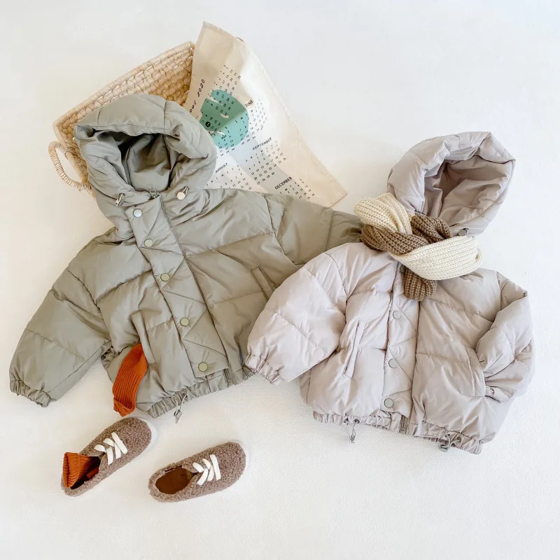 

HoneyCherry/Детский пуховик на белом утином пуху; Новая зимняя однотонная куртка-пуховик с капюшоном для мальчиков и девочек