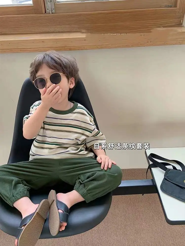 

2023 Summer Korean Style Kids Sets Striped O-neck Cotton New Design Fashion Soft Thin Cool Clear and Breathable