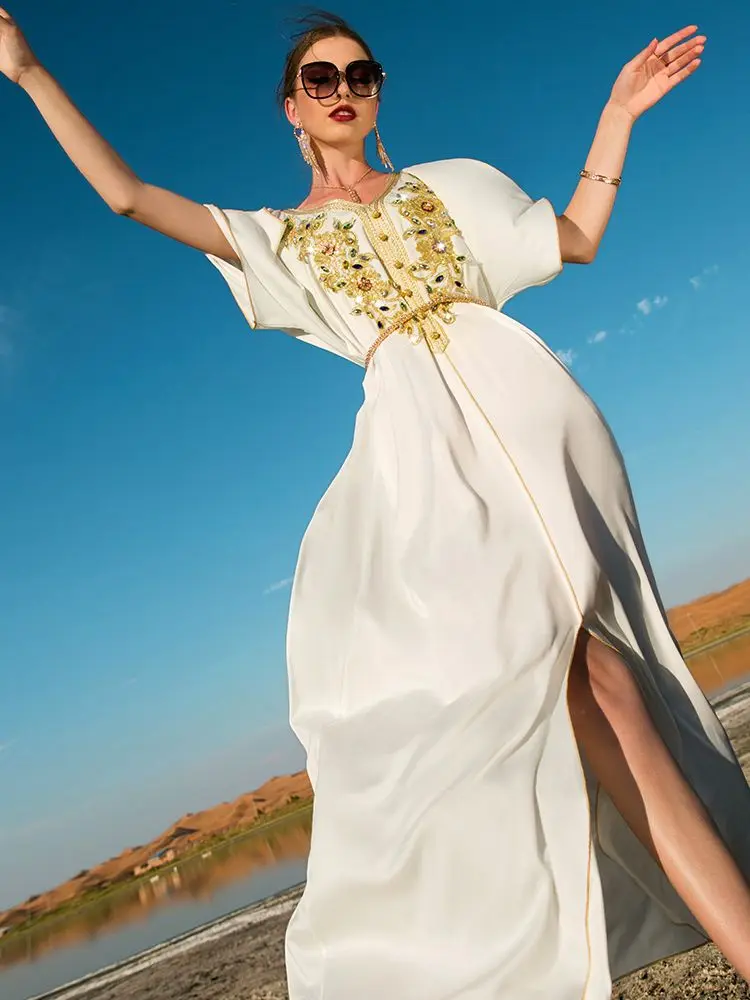 Ramadan White Satin Abaya Dubai Turkey Islam Arabic Muslim Long Maxi Dress Abayas For Women Robe Musulmane Longue Femme Vestido