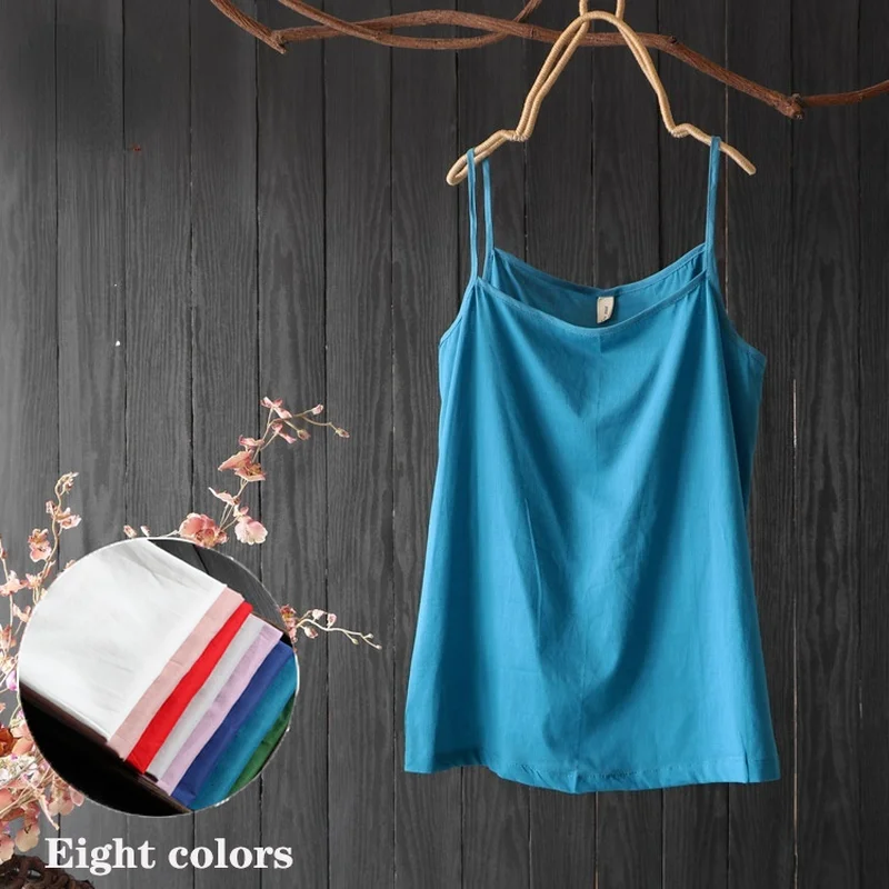 

Cotton Linen Tank Top Women Tanks and Camis Solid Color Casual Loose Spaghetti Blue Green White Sleeveless Top Female