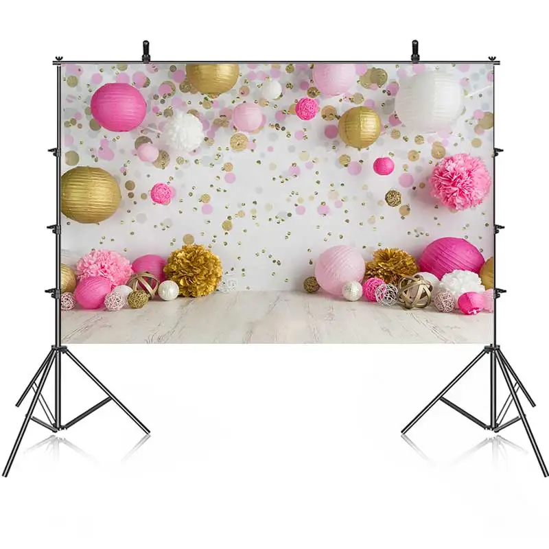 

3D Pink Gold White Balloons For Princess Baby Girl One Year Old Backdrop For Photography Baby Shower Kids Photography Birthday