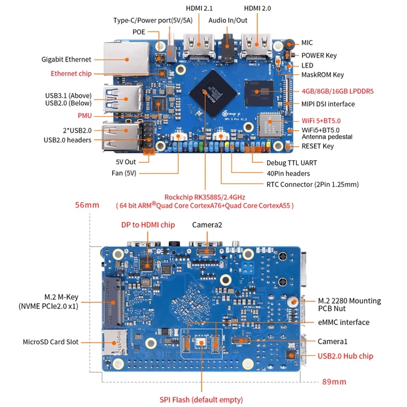 Плата и комплект Orange Pi 5 Pro 8 ГБ 4 Гб ОЗУ процессор Rockchip RK3588S 8-ядерный 64-бит LPDDR5 Gigabit