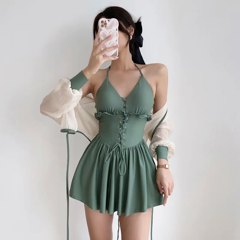 

Новинка 2023, женский слитный купальник в Корейском стиле с длинным рукавом и защитой от солнца, популярный весенний купальник, праздничная пляжная одежда