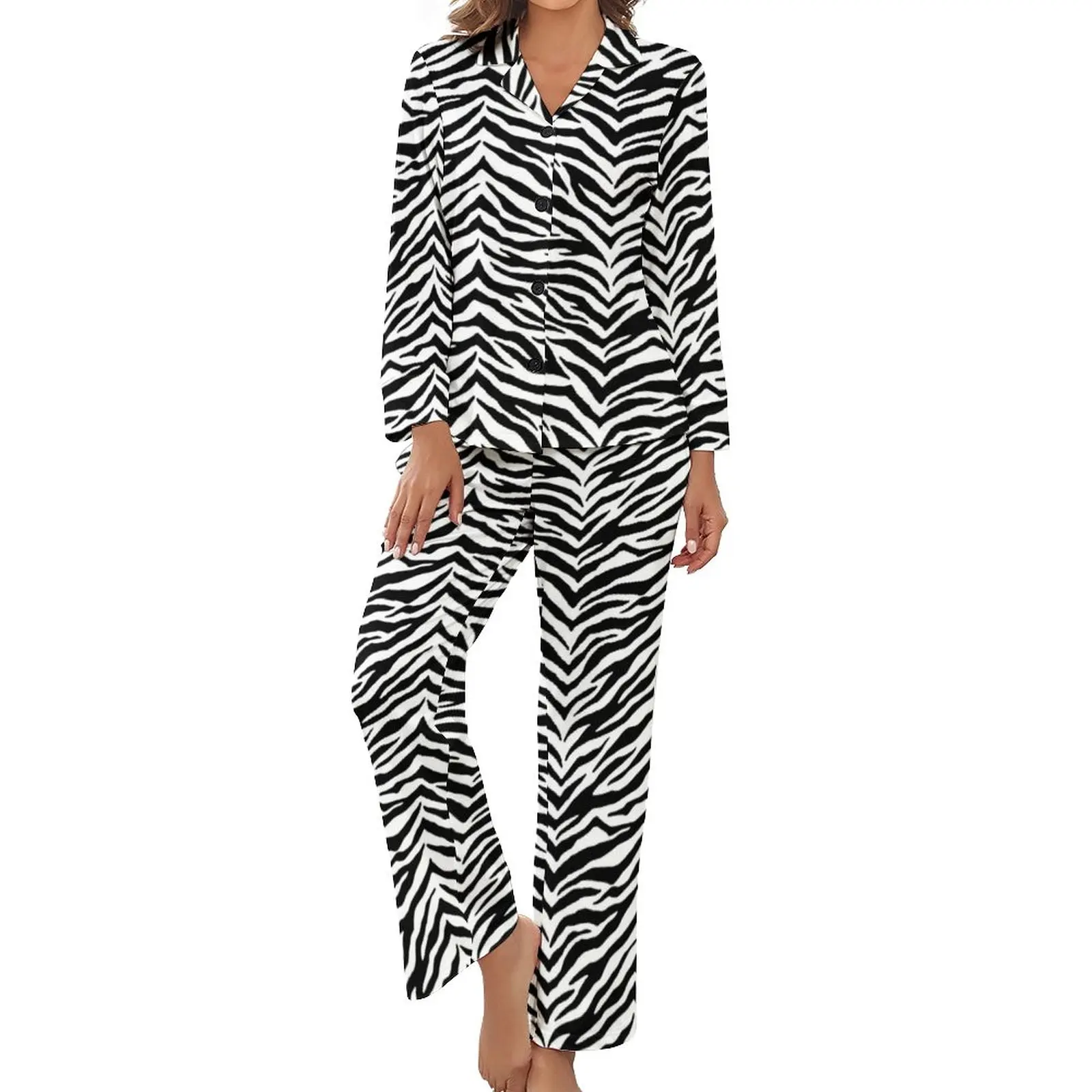 

Zebra Print Pajamas White And Black Stripes Long-Sleeve Kawaii Pajama Sets 2 Piece Room Spring Graphic Nightwear Gift