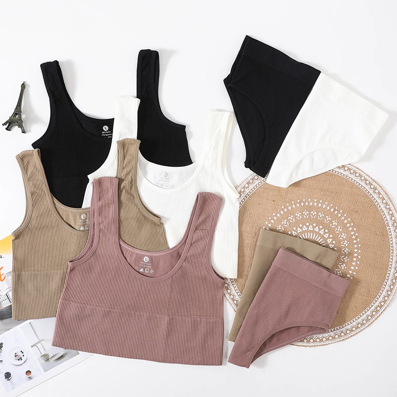 

Seamless Women Ribbed Lingerie Set Cropped Bralette Sports Top High Waist Briefs Panties Sexy Light Support Underwear Set